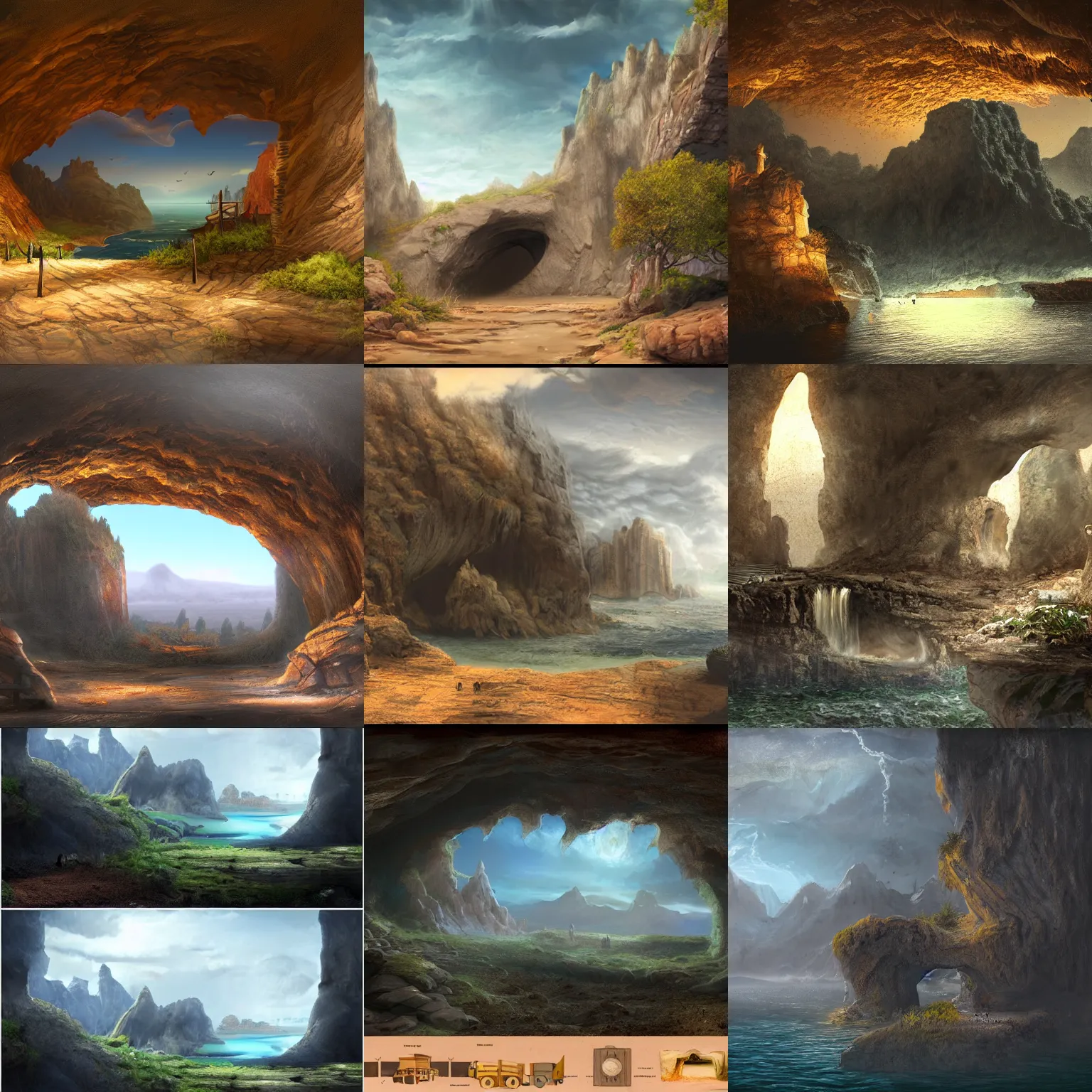 Prompt: matte painting landscape port in a cave