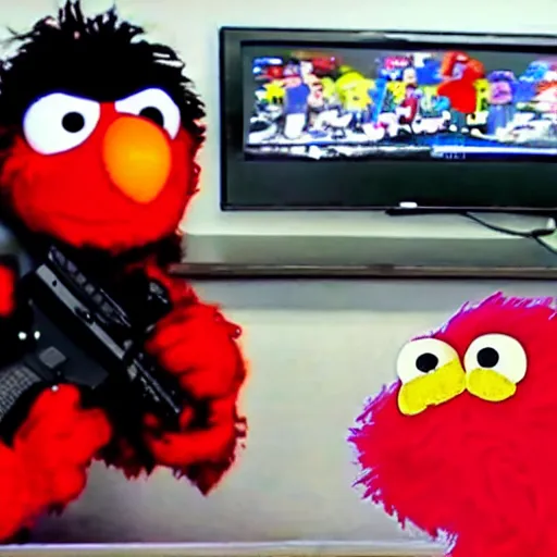 Image similar to CCTV footage of Elmo from Sesame Street with a Glock