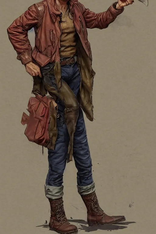 Image similar to character design, reference sheet, whole character, 40's adventurer, unshaven, optimistic, stained dirty clothing, straw hat, heavy boots, red t-shirt, dusty brown bomber leather jacket, detailed, concept art, photorealistic, hyperdetailed, , art by Leyendecker and frazetta,