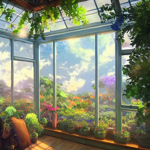 Image similar to a heavenly dream view from the interior of my cozy greenhouse filled with exotic and numerous plants from a Makoto Shinkai oil on canvas inspired pixiv dreamy scenery art majestic fantasy scenery cozy window frame fantasy pixiv scenery art inspired by magical fantasy exterior