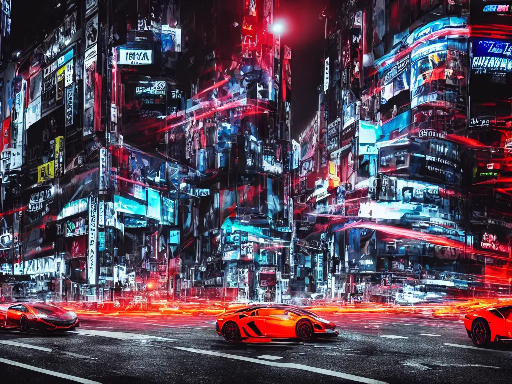 Prompt: a Photorealistic hyperdetailed hyper realistic dramatic moody Low angle night time close up render of a Lamborghini Aventador speeding in the middle of busy shibuya crossing Tokyo, Bright vibrant colors with multiple long light trails,Beautiful dramatic moody tones and lighting,cinematic atmosphere,photorealism,8K