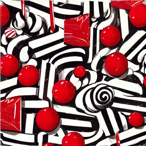 Prompt: red and white peppermint candy land collage in the style of Klaus Voormann, 1960s illustration, high quality, album cover