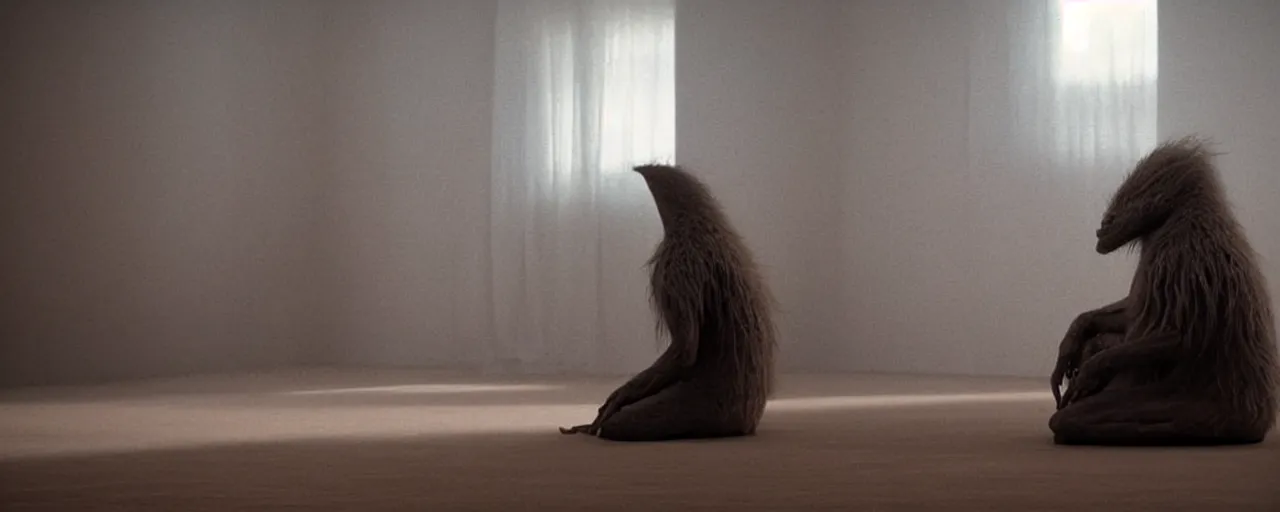 Prompt: a strange creature sits in the living room, film still from the movie directed by Denis Villeneuve with art direction by Zdzisław Beksiński, close up, telephoto lens, shallow depth of field