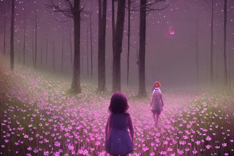 Image similar to giant bunch of daisy flowers head, girl walking in dark forest, surreal photography, dark night, stars, moon light, impressionist painting, clouds, digital painting, artstation, simon stalenhag