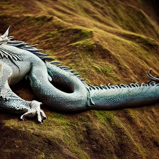 Prompt: Dragon sleeping on top of a mountain, hd, intricate, 8k, award winning photograph, hyperrealism, national geographic