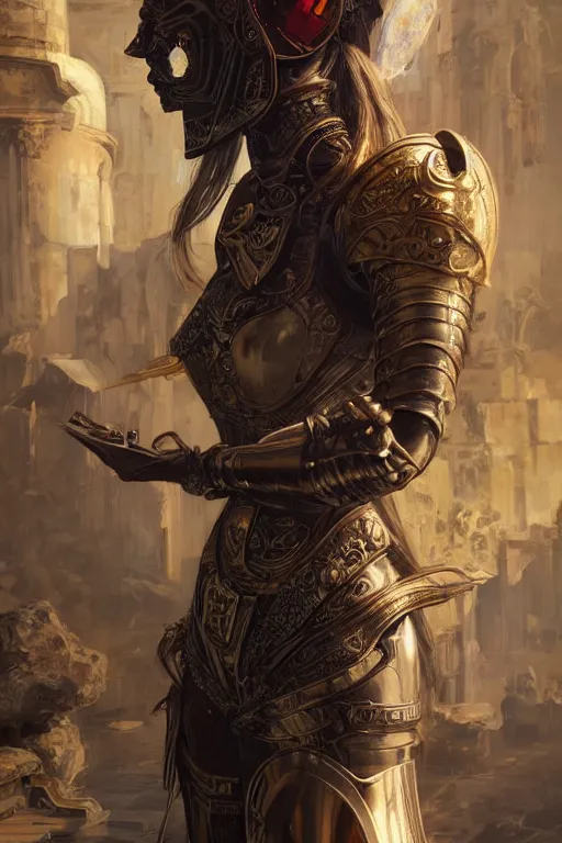 Image similar to portrait knights of Zodiac girl, metallic black and reddish reflected armor, in ruined Agora of Athens, ssci-fi, fantasy, intricate, very very beautiful, elegant, golden light, highly detailed, digital painting, artstation, concept art, smooth, sharp focus, illustration, art by WLOP and tian zi and alphonse mucha