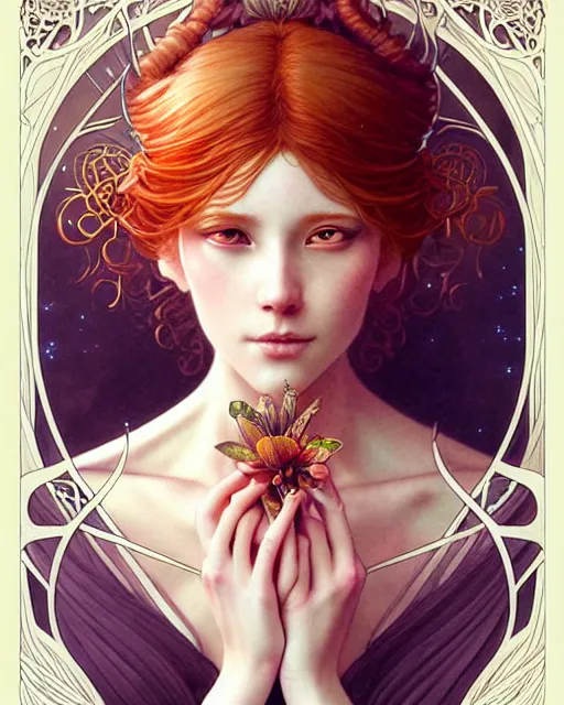 Image similar to Beautiful and playful ethereal ginger portrait, art nouveau, fantasy, intricate flower designs, elegant, highly detailed, sharp focus, art by Artgerm and Greg Rutkowski and WLOP