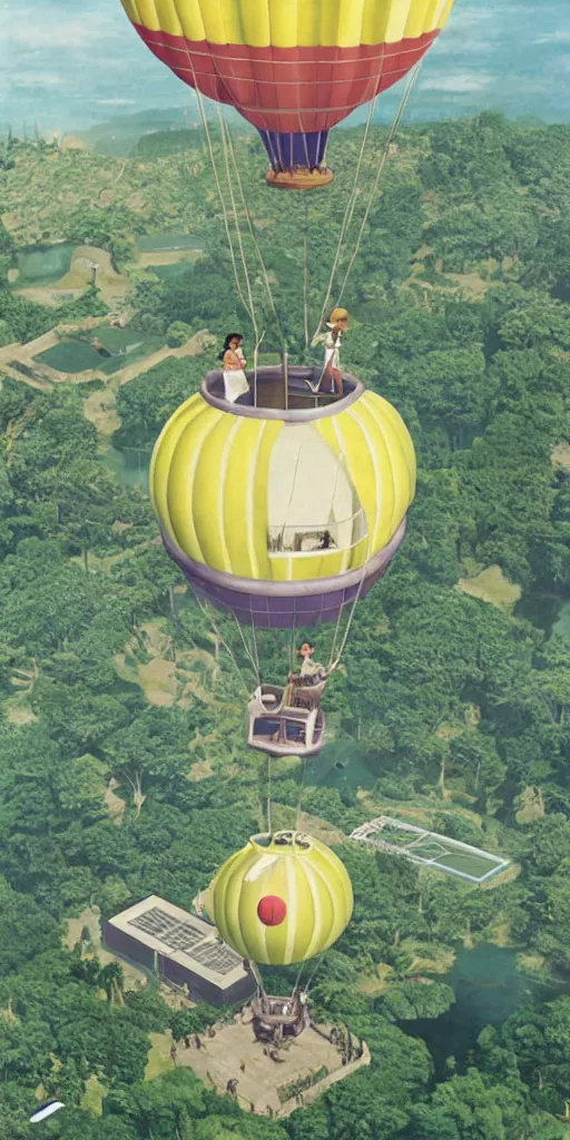 Image similar to An aerial tennis court, suspended by a giant tennis ball-shaped hot air balloon, Castle in the Sky style, by Miyazaki Hayao