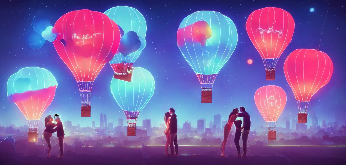 Image similar to a couple kissing on the background air balloon in the middle neon lights | | sunny night, full moon, dreamlike art, realistic shaded, smile, good looking, hyper details, 4 k realistic, cryengine, realistic shaded lighting poster by artgerm, ross tran, fuji choko, 8 k resolution, trending on artstation, luxury