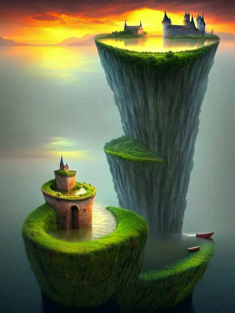 Prompt: gediminas pranckevicius an immense gigantic ornated iron cup with a lake inside, water in excess droping by, boats, castle, sunset, volumetric light, godrays