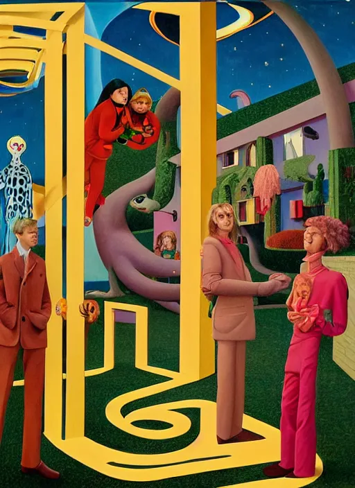 Image similar to painting of a gucci animal costumed family being shown how to open magic portals by a large glowing alien in their suburban living room maze, designed by gucci and wes anderson, energetic glowing planets in the air, cinematic look, in the style of edward hopper, james jean, petra collins and mc. escher