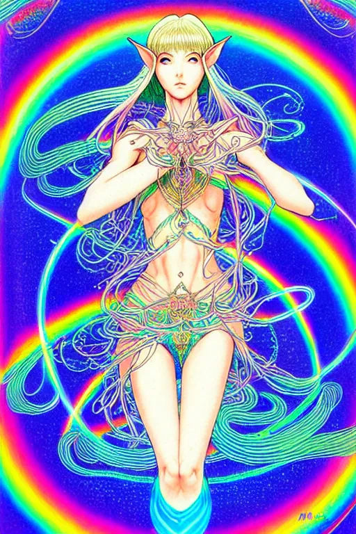 Image similar to illustration of a female elf goddess, prismatic healing waves emanate all around in a healing spring, rainbows, intricate linework, in the style of moebius, ayami kojima, 1 9 9 0's anime, retro fantasy