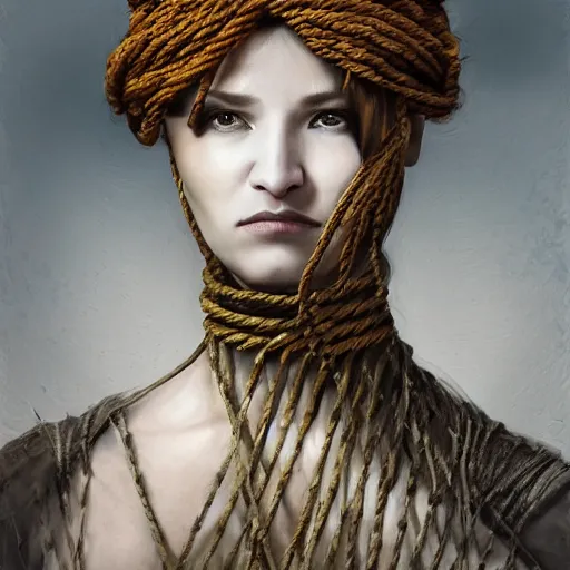 Image similar to portrait of a Shibari rope wrapped face and neck, headshot, insanely nice professional hair style, dramatic hair color, digital painting, of a old 15th century, roman soilder, amber jewels, baroque, ornate clothing, scifi, realistic, hyperdetailed, chiaroscuro, concept art, art by Franz Hals and Jon Foster and Ayami Kojima and Amano and Karol Bak,