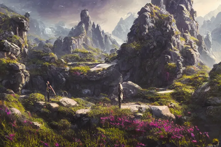 Prompt: Brutalist Shiro on a mountain surrounded by manicured gardens, amazing cinematic concept painting, by Jessica Rossier