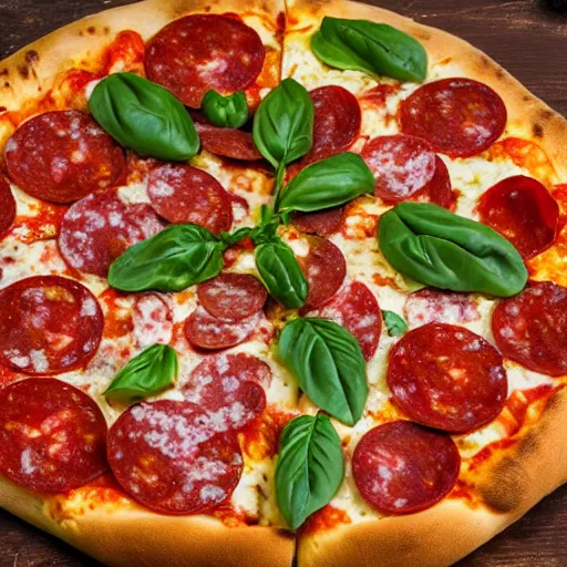 Image similar to Proper Italian pizza with salami and tomatoes piling on top, morning hard light, professional food photography, 80mm, top down