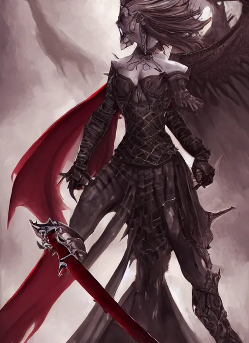 Prompt: dnd art, female vampire knight, flying, barefoot, black plate armor, historical armor, realistic armor, full body, monstrous mask, giant two - handed sword dripping blood, red wings, grinning, barefeet, realistic, pathfinder.