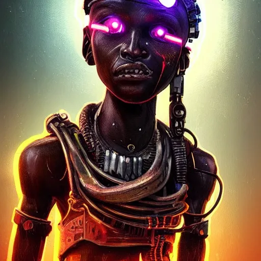 Image similar to a dark and ominous cyborg african child soldier with glowing eyes and a mechanical lower jaw with sharp teeth, neon graffiti, Apex Legends character digital illustration portrait design, by android jones and greg rutkowski in a cyberpunk voodoo style, retrowave color scheme, detailed, cinematic lighting, wide angle action dynamic portrait