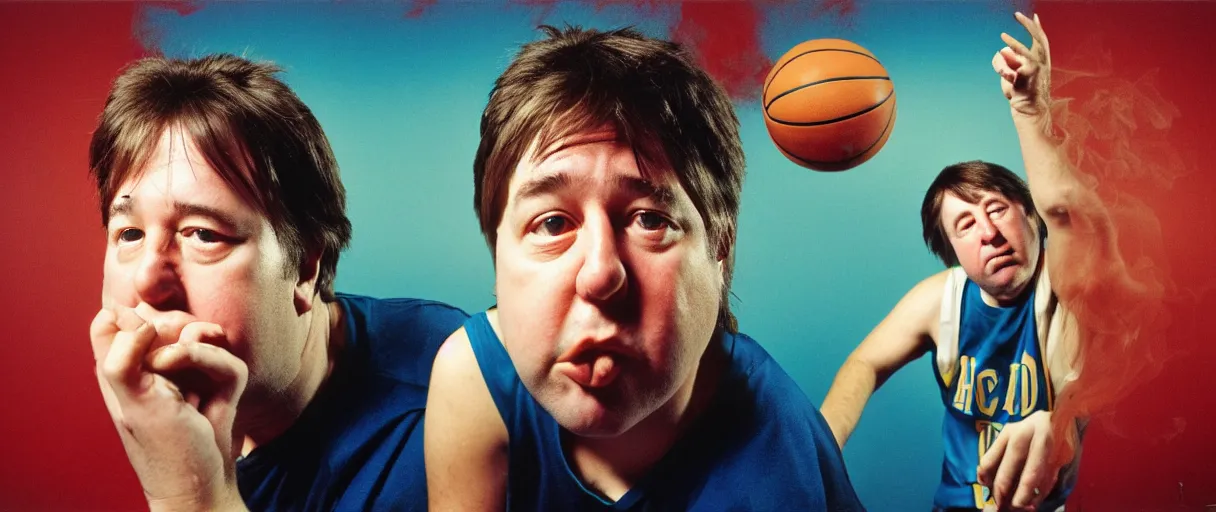 Prompt: award winning photo of bill hicks playing basketball in the hood and smoking weed, vivid colors, happy, symmetrical face, beautiful eyes, studio lighting, wide shot art by Sally Mann & Arnold Newman