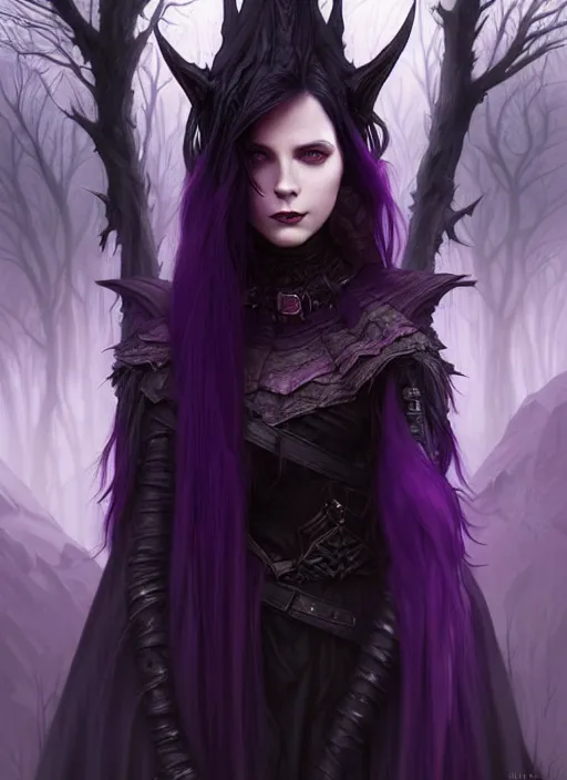 Prompt: portrait dark witch, adventurer outfit large cloak, fantasy forest landscape, dragon scales, fantasy magic, undercut hairstyle, short purple black fade hair, dark light night, intricate, elegant, sharp focus, illustration, highly detailed, digital painting, concept art, matte, art by wlop and artgerm and greg rutkowski and alphonse mucha, masterpiece