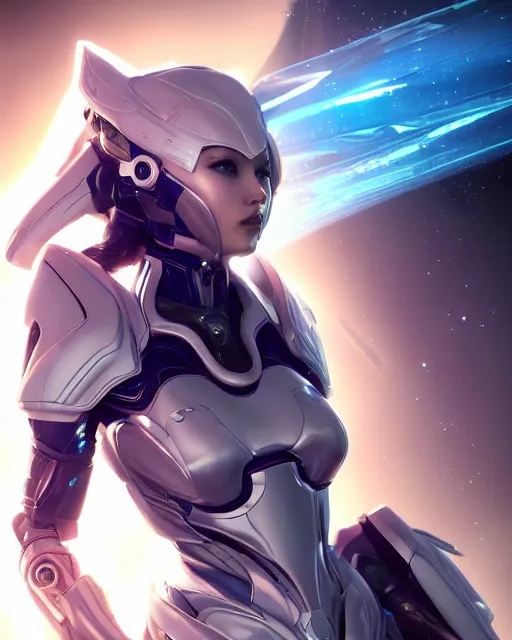 Image similar to perfect android girl on a mothership, warframe armor, beautiful face, scifi, futuristic, galaxy, nebula, raytracing, dreamy, long white hair, blue cyborg eyes, sharp focus, cinematic lighting, highly detailed, artstation, divine, by gauthier leblanc, kazuya takahashi, huifeng huang