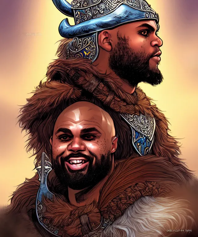 Prompt: fantasy comic style portrait of young charles barkley as a viking, digital illustration by ken taylor and sana takeda, hd, 4 k, intricate, highly detailed!!, character design, cover art, award winning