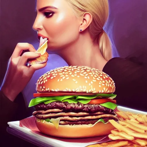 Prompt: Ivanka Trump eating a mcdonald's big mac hamburger, dripping BBQ Sauce, serving burgers, intricate, elegant, feminine ethereal, hearthstone, D&D, magical mystical, highly detailed, digital painting, artstation, concept art, matte, sharp focus, hyperreal, art by Artgerm and Greg Rutkowski and Alphonse Mucha