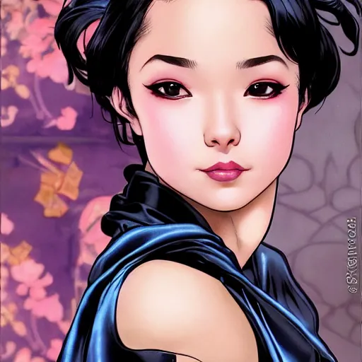 Prompt: cassandra cain wearing a satin nightgown!!!! making kissy faces at the camera, home video camera, beautiful face!!!!, 2 7 years old, cg animation, lifelike, animated, realistic, by artgerm, greg rutkowski, alphonse mucha, 3 d