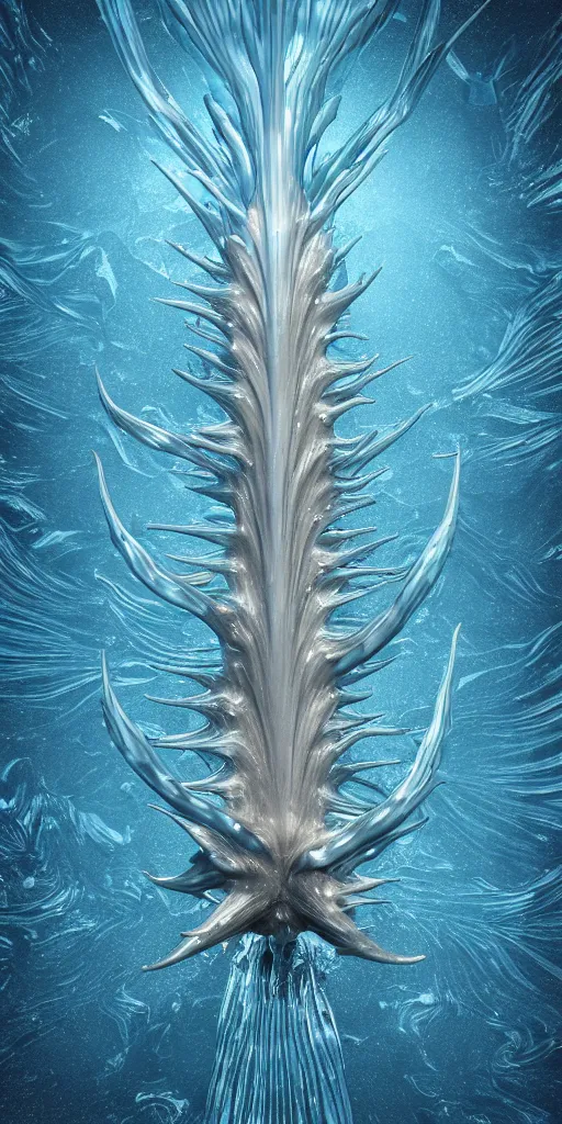 Prompt: a photorealistic render of a 3 d glaucus atlanticus, made of liquid metal and marble, c 4 d, by ernst haeckel, hyper realistic, plain background, 8 k, volumetric lightning, octane render