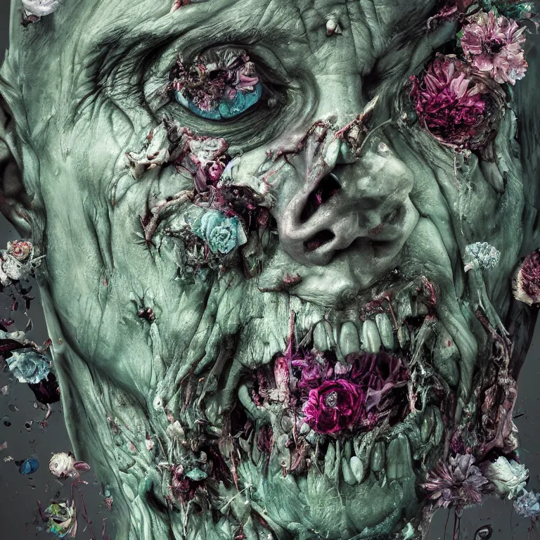 Image similar to A beautiful oil painting hyperrealism of a decayed zombie head, green bulging eyes, rotten green skin, grey beard, blue veins, skull bones flowers, 8k resolution, octane render, Trending on artstation, by Gediminas Pranckevicius, volumetric light 2blue fractal Thunder glow by dan mumford, anaglyph effect, Laurie Lipton