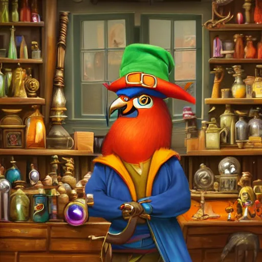 Prompt: Anthropomorphized parrot trader in his shop, shelves full, selling a gem, portrait, items, magic potions, window, warm lamp, fancy hat, sly expression , cunning expression, cute expression, presenting magic gem, D&D, fantasy, cinematic lighting, highly detailed, digital painting, artstation, concept art, smooth, sharp focus, illustration, warm light, cozy warm tint, magic the gathering artwork, volumetric lighting, 8k, no gold, no gold colours, art by Akihiko Yoshida, Greg Rutkowski