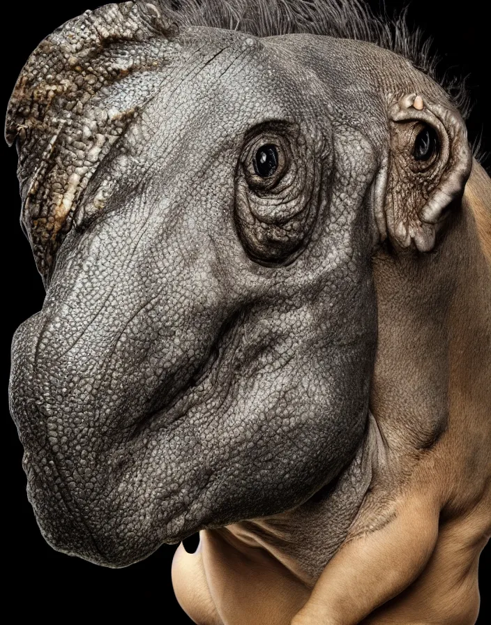 Image similar to portrait on black background of muscular animal human merged head dolphin skin, scales, merged with monkey head, hippo face morphed, gills, horse head animal merge, morphing dog head, merging crocodile head, anthropomorphic creature