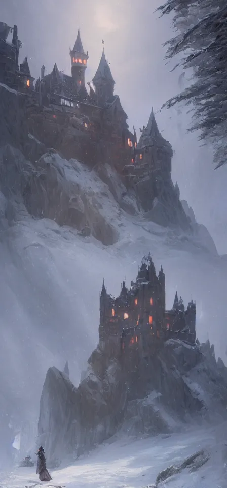 Image similar to a painting of a castle in the middle of a snowy mountain, a detailed matte painting by andreas rocha and greg rutkowski, featured on artstation, fantasy art, matte drawing, matte painting, artstation hq