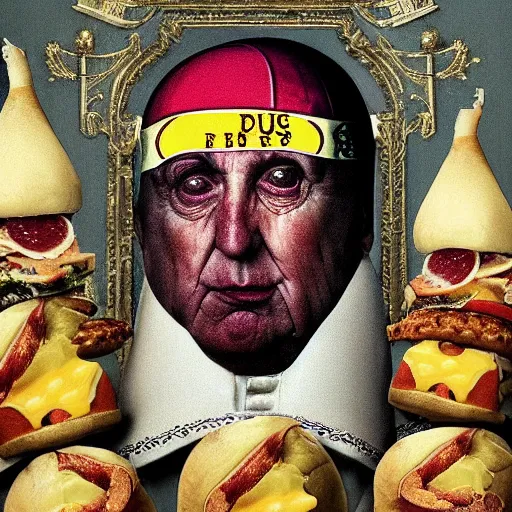 Image similar to a amazing new surrealist hybrid of the pope mixed with an anthropomorphic cheeseburger made of the popes face by kandinskali and catrin welz - stein, melting cheese, steamed buns, grilled artichoke, sliced banana, salami, milk duds, licorice allsort filling