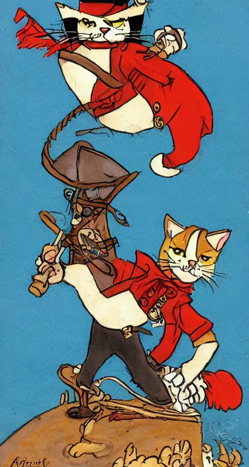 Prompt: a cat dressed as a pirate art by Albert Uderzo