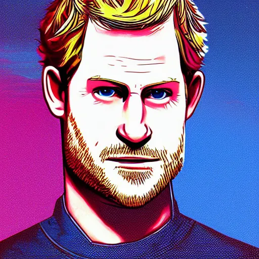 Image similar to 5 5 mm giant prince harry attacks tokyo illustration in technicolor by artgerm