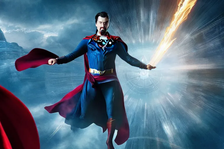 Prompt: film still of Doctor Strange as Superman in Justice League movie, 4k