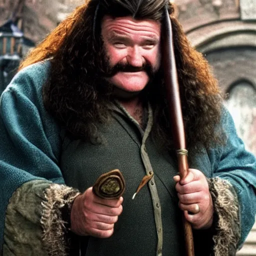 Image similar to Robin Williams playing Hagrid in Harry Potter, screenshot