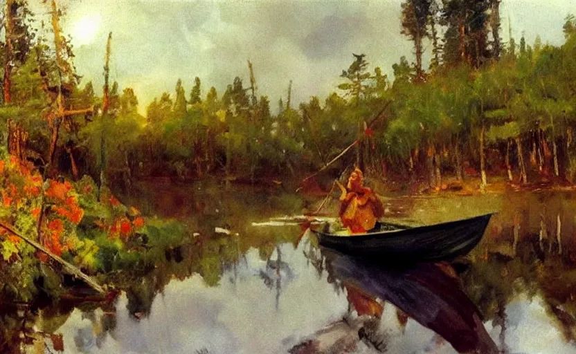 Image similar to oil painting by anders zorn, wild forest, very very very very beautiful art, dramatic light, strong shadows, reflections, boat with colorful sail and white dress