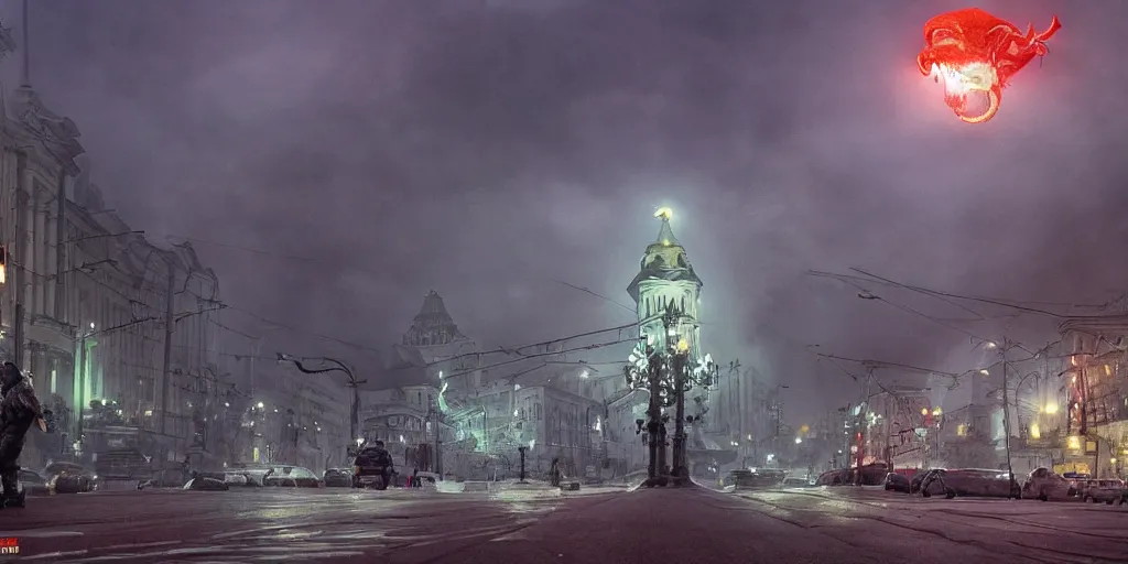 Prompt: cthulhu with face of putin destroying khreshchatyk street, a center of kyiv, dark, trending on artstation, digital art, fog, sun flare, rain