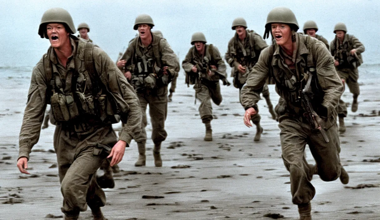 Prompt: Hollywood image of Matthew Lillard as shaggy from scooby doo, storming the beaches of Normandy, with soldiers by his side, saving private Ryan, 70mm film, HD, high detail, photorealistic, epic shot, Hollywood cinematic, Christopher Nolan