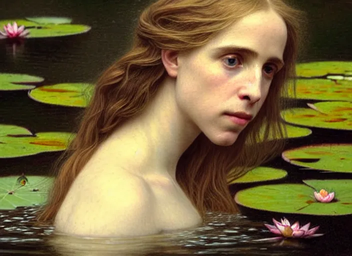 Image similar to 8K, soft light, warm volumetric lighting, highly detailed, brit marling style 3/4 ,view from above of close-up portrait photo of a beautiful woman how pre-Raphaelites painter, face is emerging of a pond with beautiful water lilies, she has a beautiful lace dress and hair are intricate with highly detailed realistic beautiful flowers , Realistic, Refined, Highly Detailed, natural outdoor soft pastel lighting colors scheme, faded colors, outdoor fine art photography, Hyper realistic, photo realistic,warm lighting,