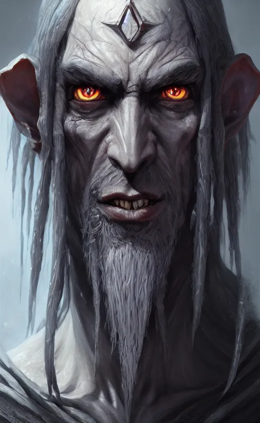 Image similar to legendary creepy dark elf wizard, highly detailed, d & d, fantasy, highly detailed, digital painting, trending on artstation, concept art, sharp focus, illustration, global illumination, ray tracing, realistic shaded, art by artgerm and greg rutkowski and fuji choko and viktoria gavrilenko and hoang lap