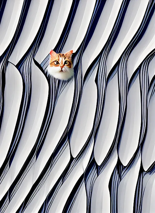 Prompt: op art picture of a cat on a roof looking at the moon