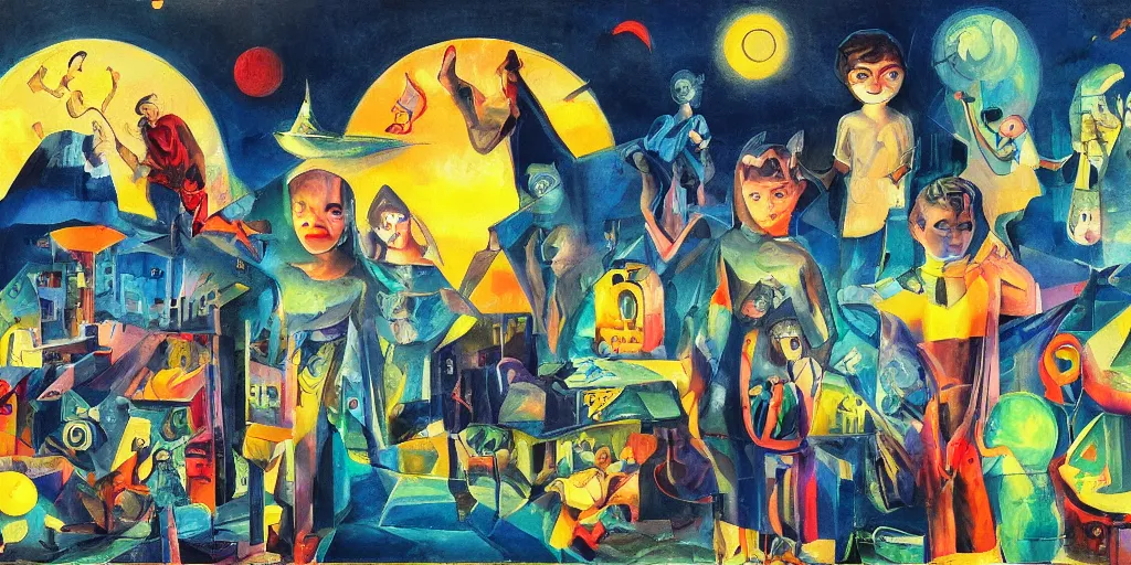 Prompt: collage children's, night landscape, art deco surrealism expressionism, artstation