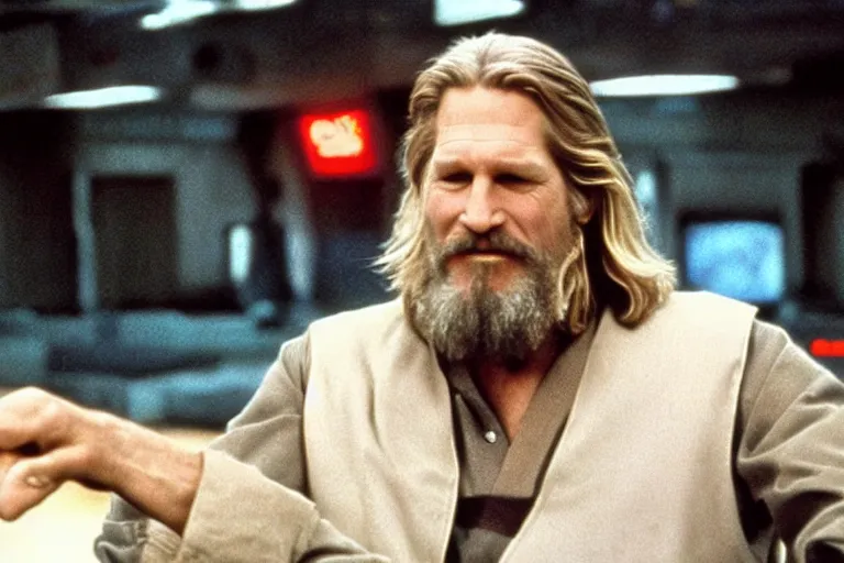 Prompt: a shot looking down a bowling lane of Jeff Bridges The Big Lebowski as a Jedi Bowling in Star Wars