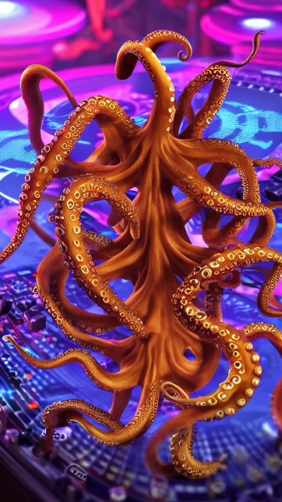 Image similar to award winning closeup portrait of an octopus! as a dj with tentacles! simultaneously placed turntables cdjs and knobs of a pioneer dj mixer. in front of a large crowd, studio, medium format, octane render 3 d, unreal engine, 8 k detail, volumetric lighting, wide angle, at an outdoor psytrance festival main stage at night