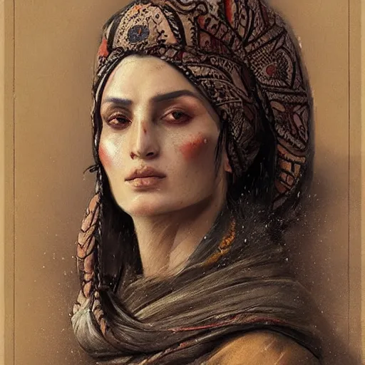 Prompt: “Stunning portrait of ottoman woman with ancient tattoos by Greg Rutkowski and gustav dore, in the style of character art, masterpiece , ultra detailed face and eyes, illustration, epic, ultimate, fantastic, focus shot, soft lighting, 8K Resolution HD, High quality image”