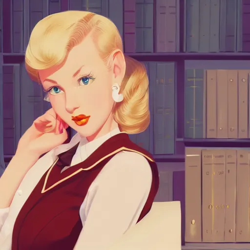 Prompt: portrait of a beautiful blonde girl dressed in 1940's fashion, library background, rich vivid colors, ambient lighting, dynamic lighting, 4k, HQ, official media, anime key visual, makoto shinkai, ilya kuvshinov, lois van baarle, rossdraws, detailed, trending on artstation