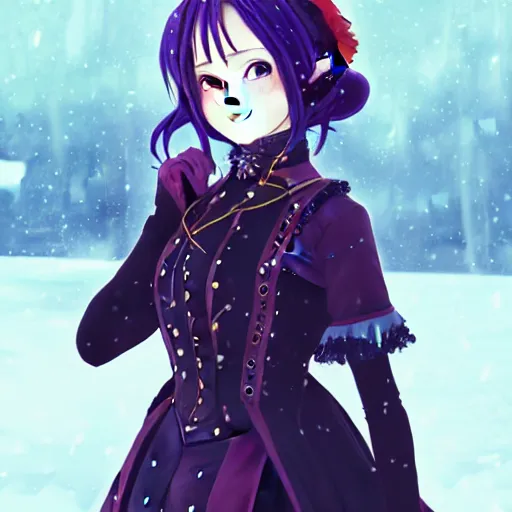 Image similar to wearing full clothing in full clothing victorian dress, beautiful anime woman, purple hair, red eyes, weapon, steampunk, symmetrical face, symmetrical eyes, full round face, short smile, detailed, winter setting, cinematic lighting, medium shot, mid - shot, makoto shinkai, artgerm, ilya kuvshinov, loish