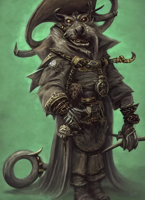 Image similar to a skaven from warhammer with a gray beard, wearing jewelry, tricorne hat, green robe, mean, dark tones, warlock, d & d, digital art, detailed face, highly detailed, trending on artstation, realistic